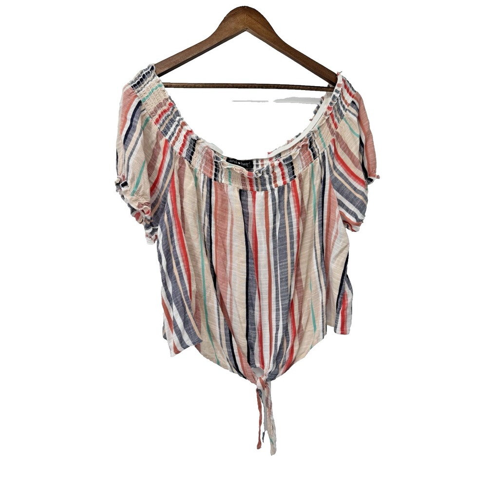 2X Striped Off Shoulder‎ Tie Front Crop Top festival beachy puff sleeve cottage